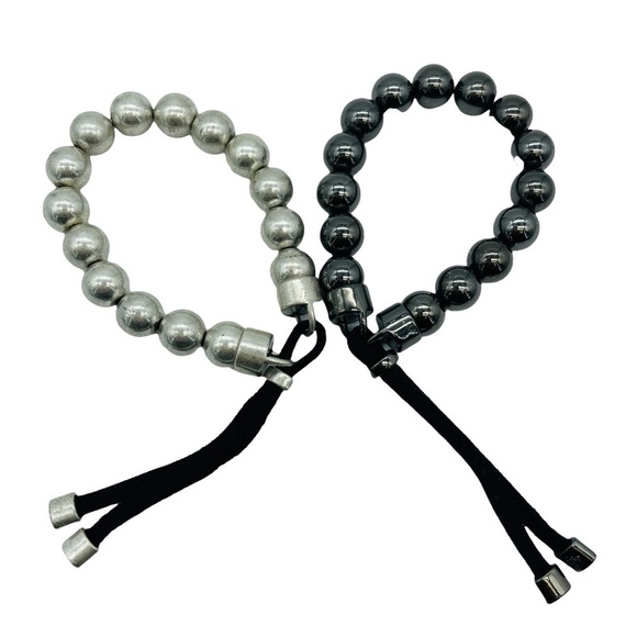 Beaded Bracelets Set Black & Silver Stretchy Adjustable Unisex - Picture 7 of 10